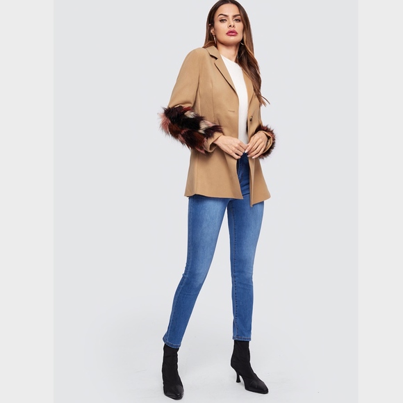 Fur Patches Sleeves Coat Style Jacket in Camel - Picture 4 of 7